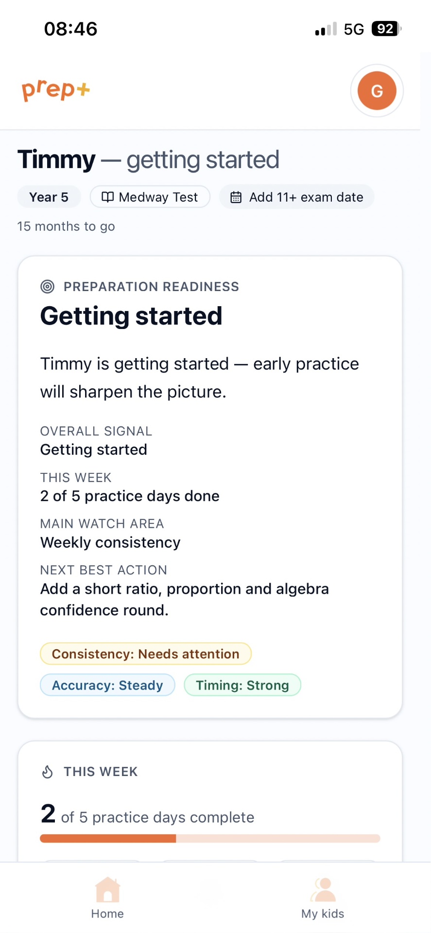 Prep+ parent readiness dashboard on mobile